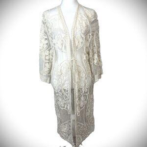 Embroidered Lace Kimono Duster Cardigan Layering Beach Cover-Up Boho Casual OSFM